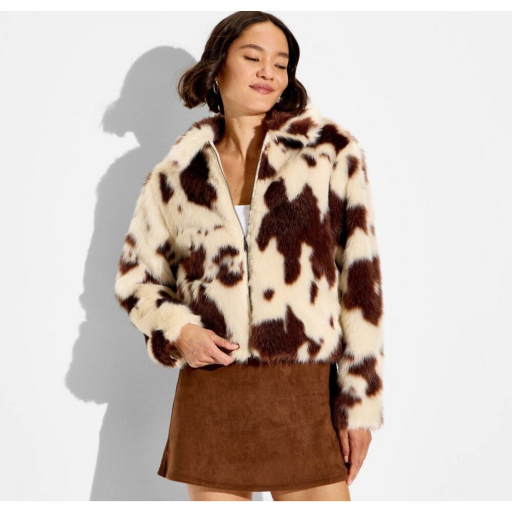 Women's Wild Fable Faux Fur Full Zip Collared Jacket Cow Print Brown XXS